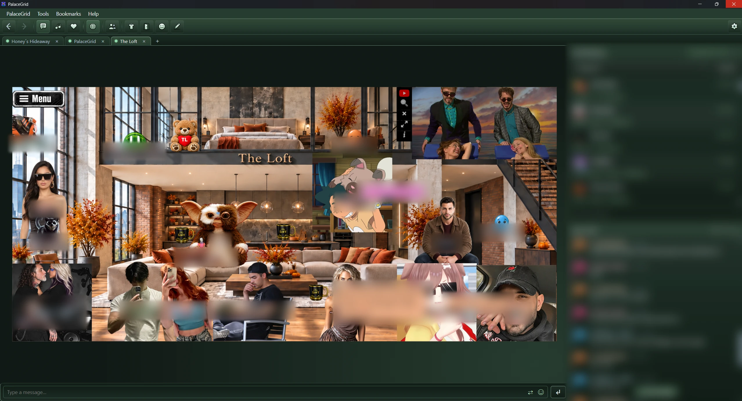Recent PalaceGrid client screenshot showing a busy room at The Loft, with names, speech bubbles, directory entries, and chat blurred for privacy